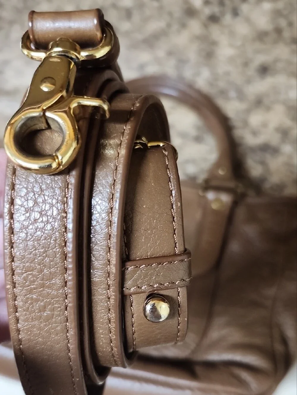 Tory Burch Amanda Brown Leather Satchel Handbag with Gold Logo Accent